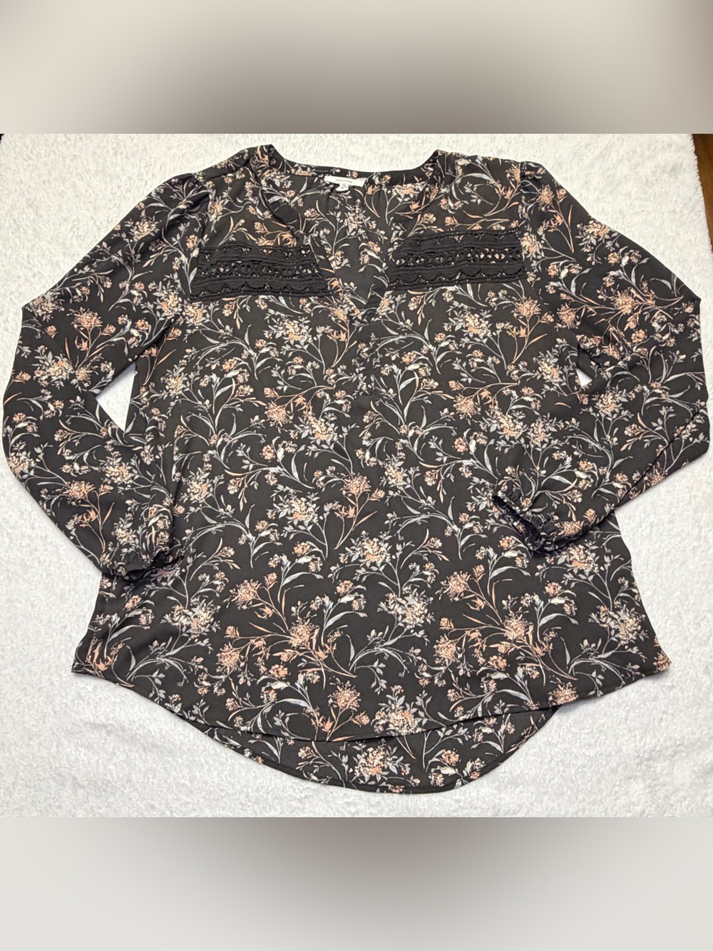 Maurices Black Floral Lace-Trim Blouse
